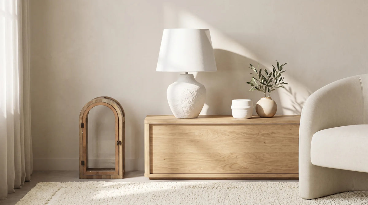 Luhpar textured rug, arch lantern, Aria lamp and two decorative pots in a sunlit home corner
