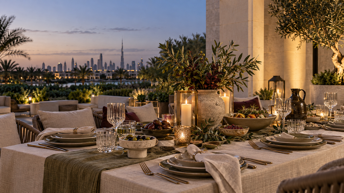 Elegant winter table setting on a Dubai terrace with layered tableware, candles and evening skyline