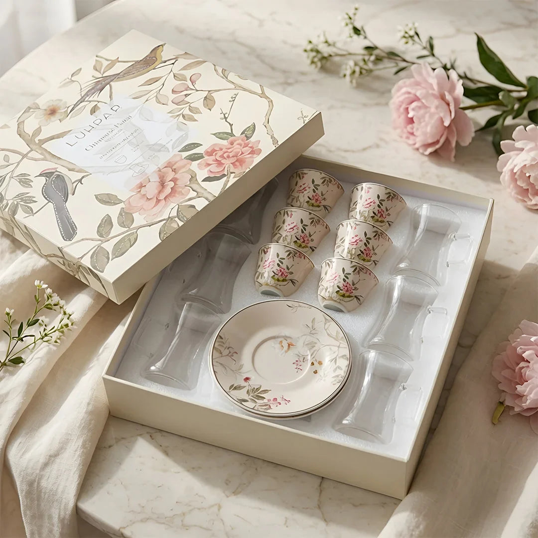 Chinoserie Floral porcelain tea set with botanical birds and gold detailing