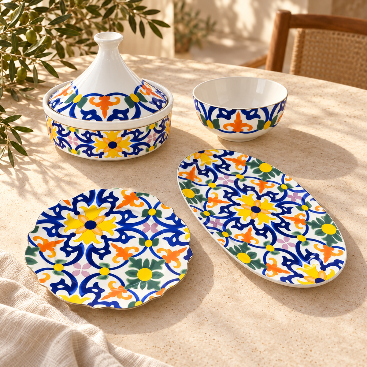 Ambra patterned porcelain dinnerware styled on a warm stone dining table