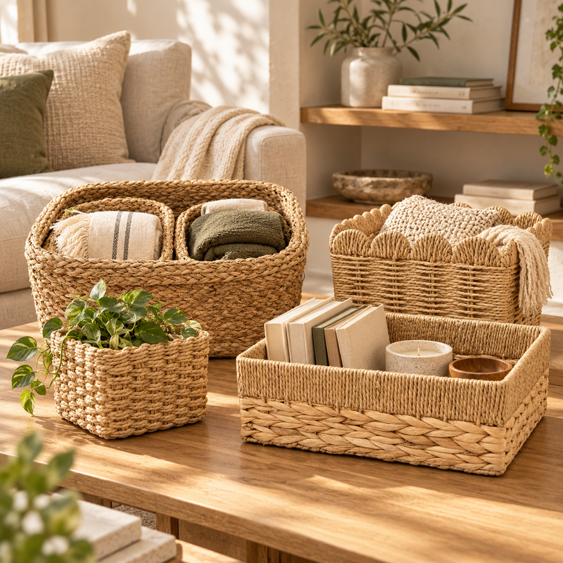 Luhpar handwoven baskets styled in a living room