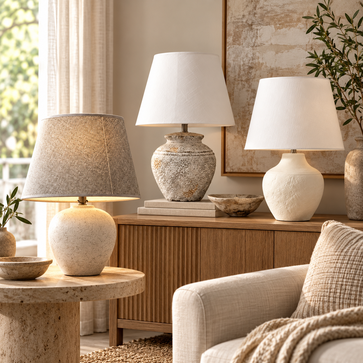 Three Luhpar ceramic table lamps styled in a living room