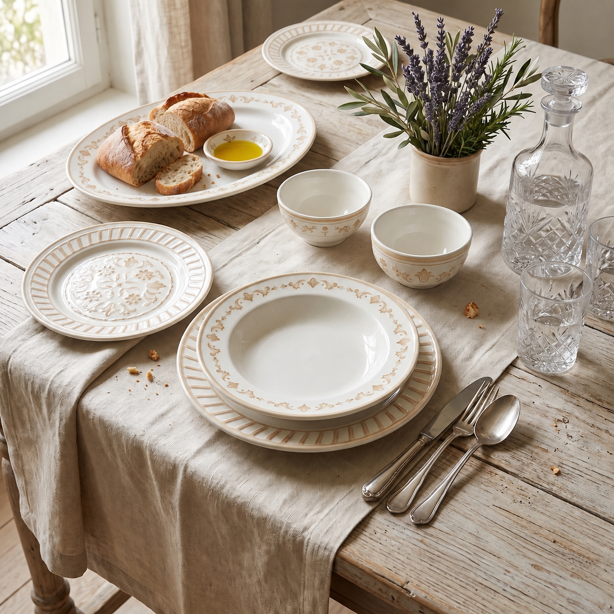 Verona tableware collection arranged on a warm rustic dining table