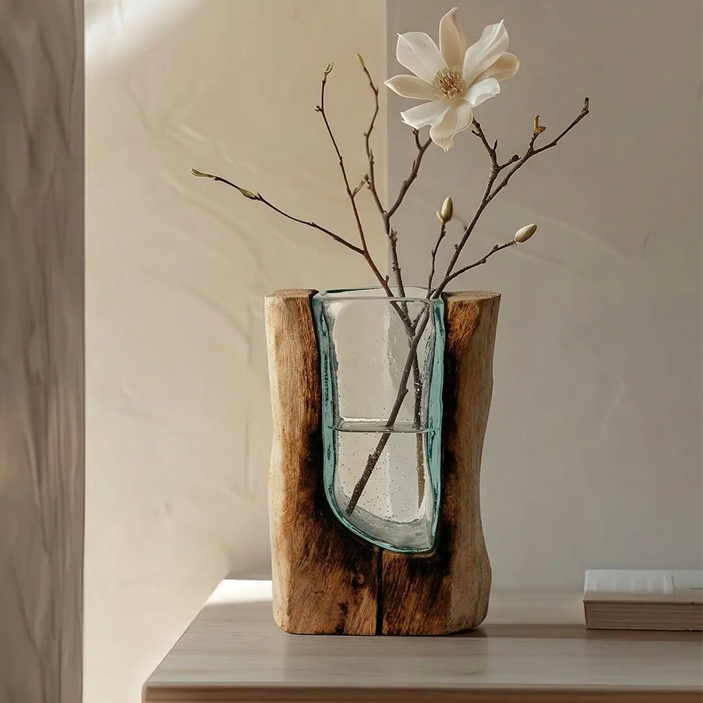 05-15 Glass Vase with Wooden Stand Decorative Vase 26 cm