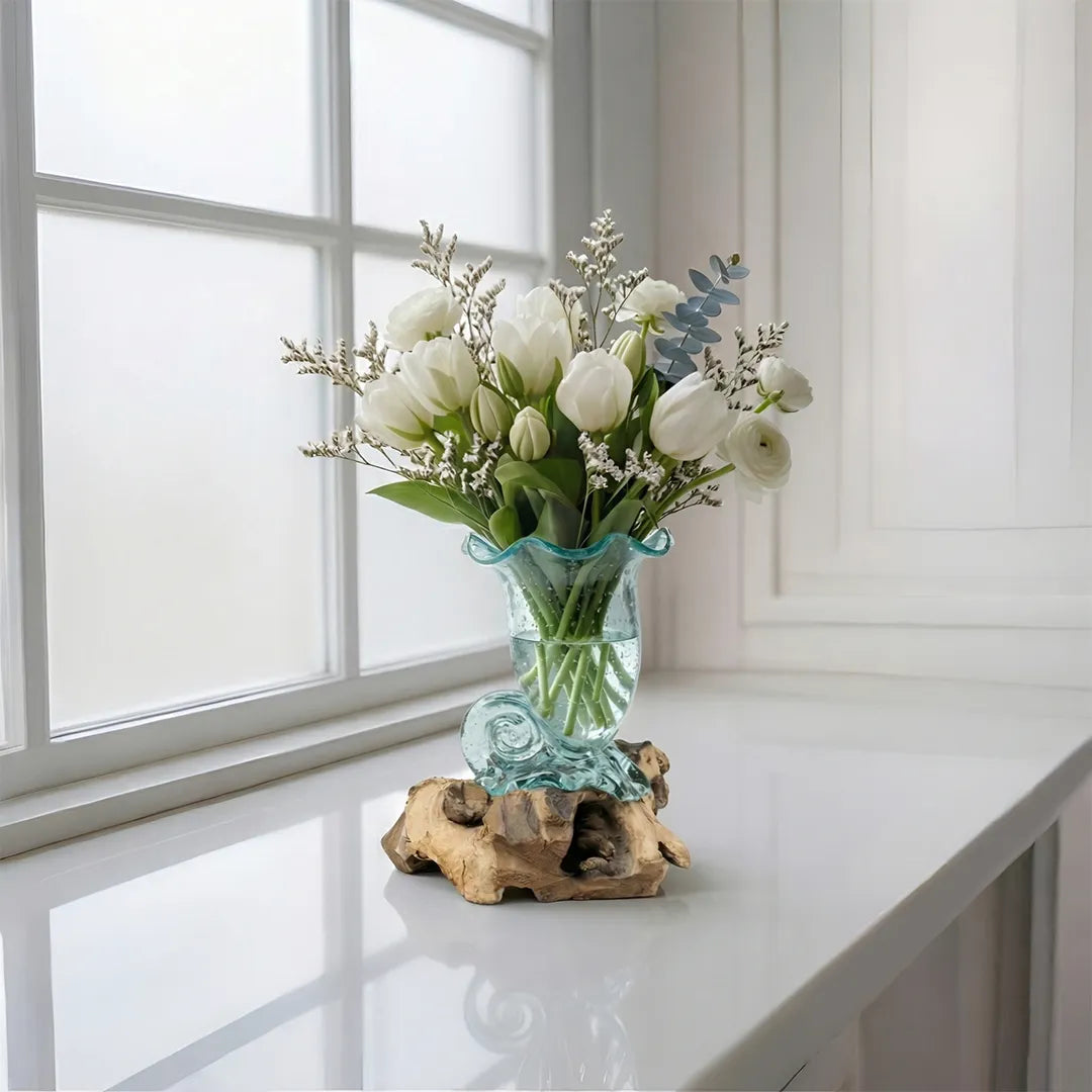 05-4 Glass Vase with Wooden Stand Decorative Handcrafted Vase 28 cm