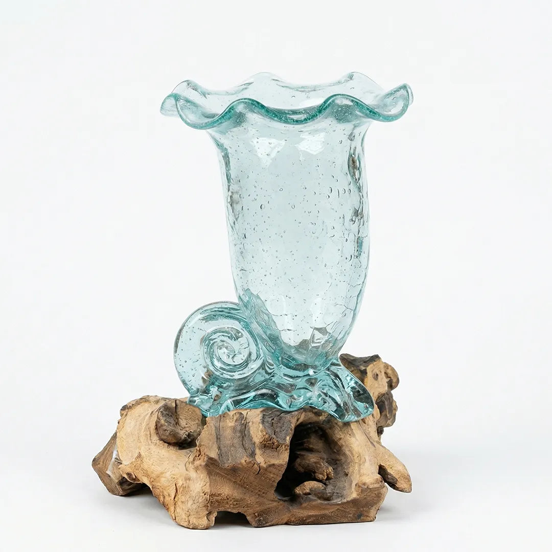 05-4 Glass Vase with Wooden Stand Decorative Handcrafted Vase 28 cm