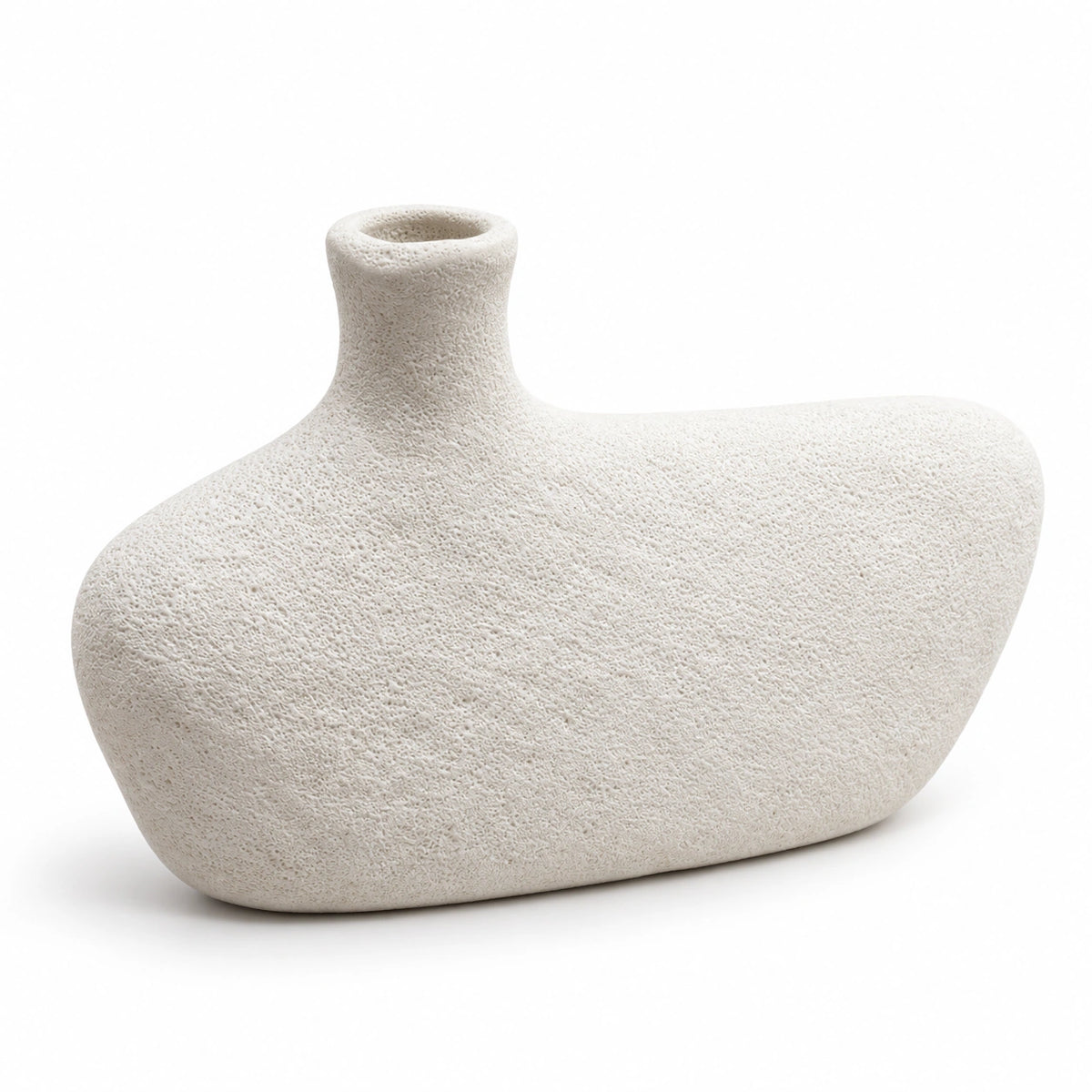 Off-white textured asymmetric pebble decor vase, full angled view