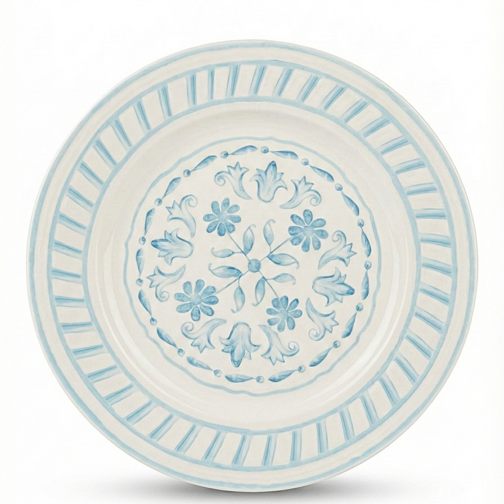 Decorative plate with blue floral patterns on a white background