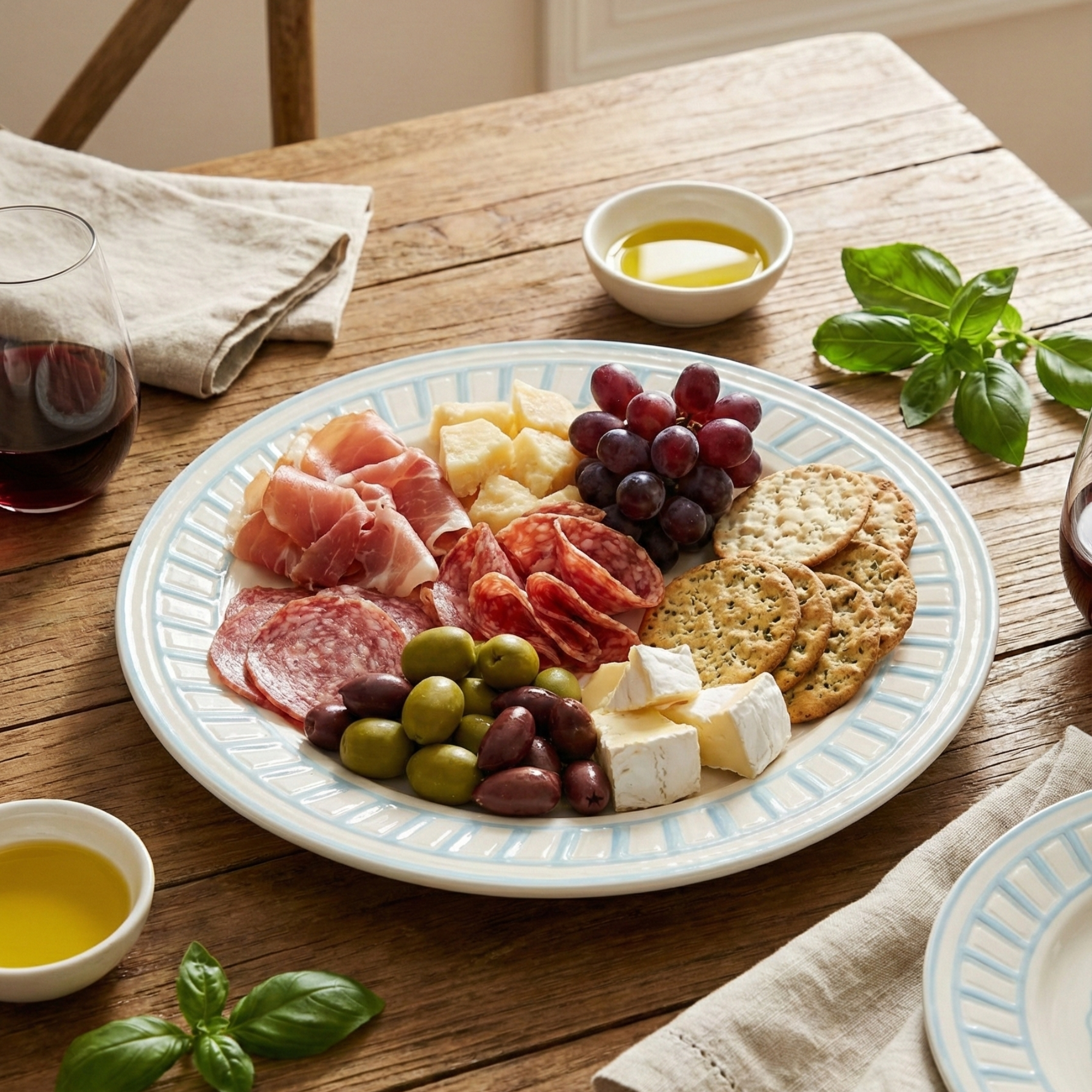 Platter of assorted meats, cheeses, and crackers on a wooden table with glasses of red wine.