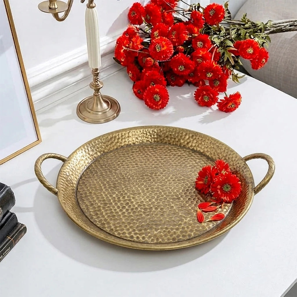 A419-20 Round Gold Metal Decorative Tray with Handles (Small / Medium)