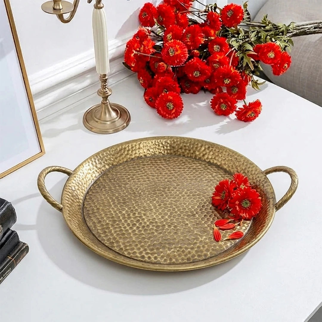 A419-20 Round Gold Metal Decorative Tray with Handles (Small / Medium)
