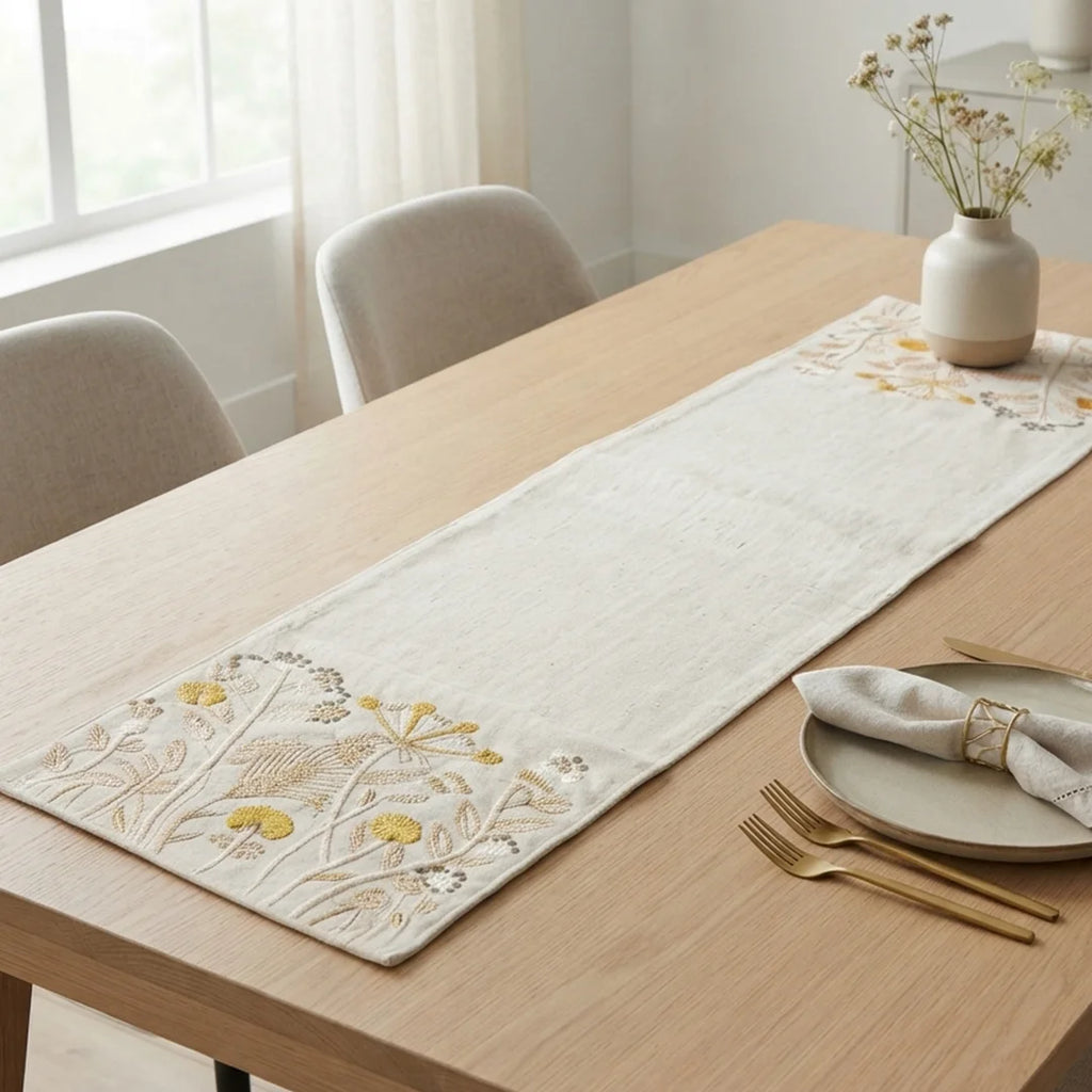 TR RUN 005A Artisanal Wildflower Embroidered Table Runner – 145 × 33 cm