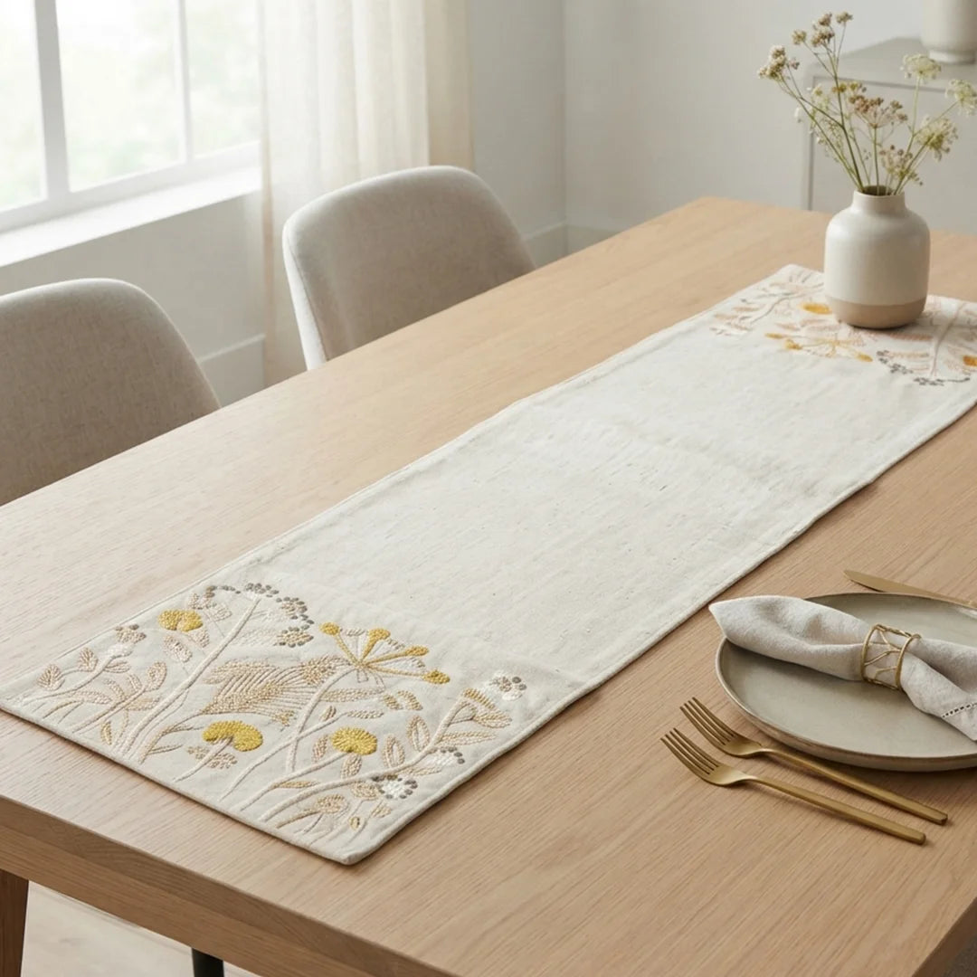 TR RUN 005A Artisanal Wildflower Embroidered Table Runner – 145 × 33 cm
