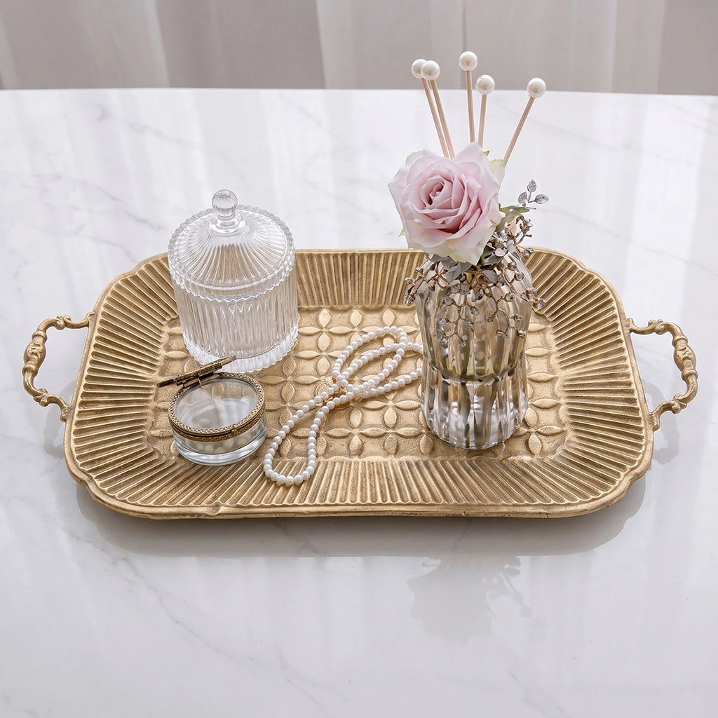 A419-19 Rectangular Gold Metal Decorative Tray with Handles (Small / Medium)