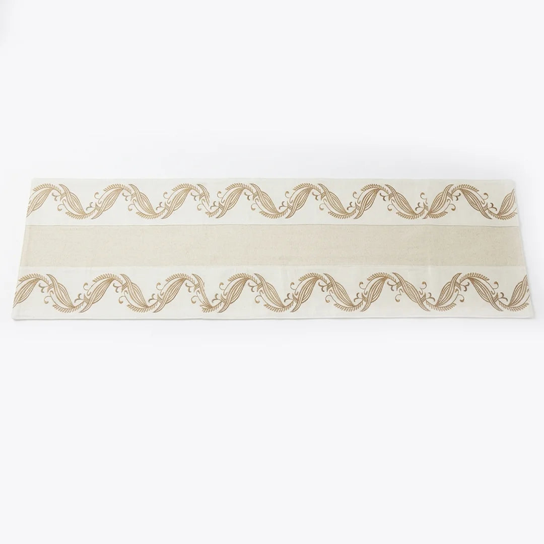 TR RUN 004A Artisanal Gold Botanical Embroidered Table Runner – 150 × 35 cm