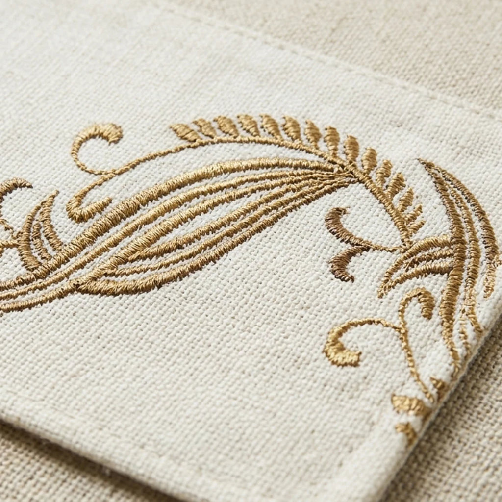 TR RUN 004A Artisanal Gold Botanical Embroidered Table Runner – 150 × 35 cm