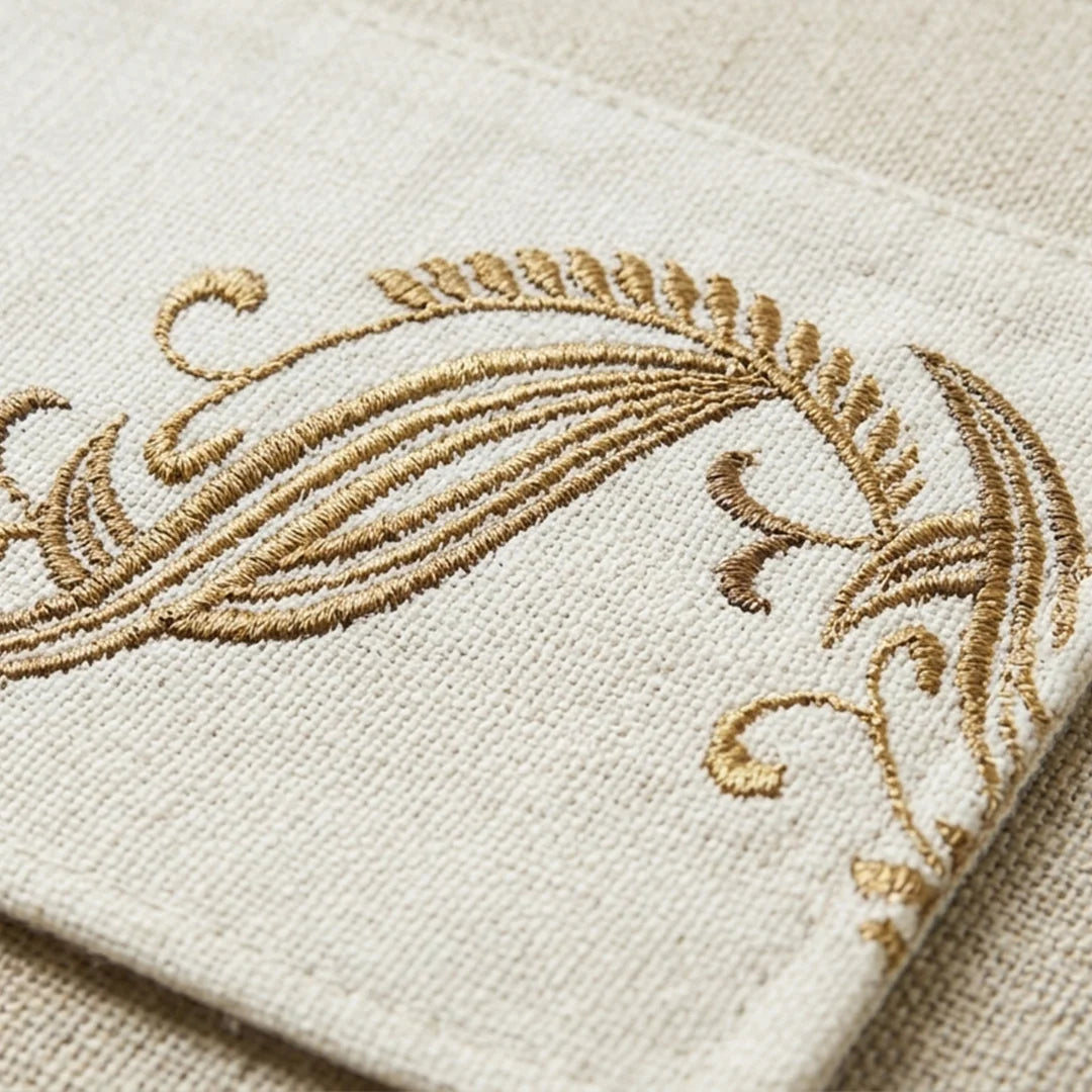TR RUN 004A Artisanal Gold Botanical Embroidered Table Runner – 150 × 35 cm
