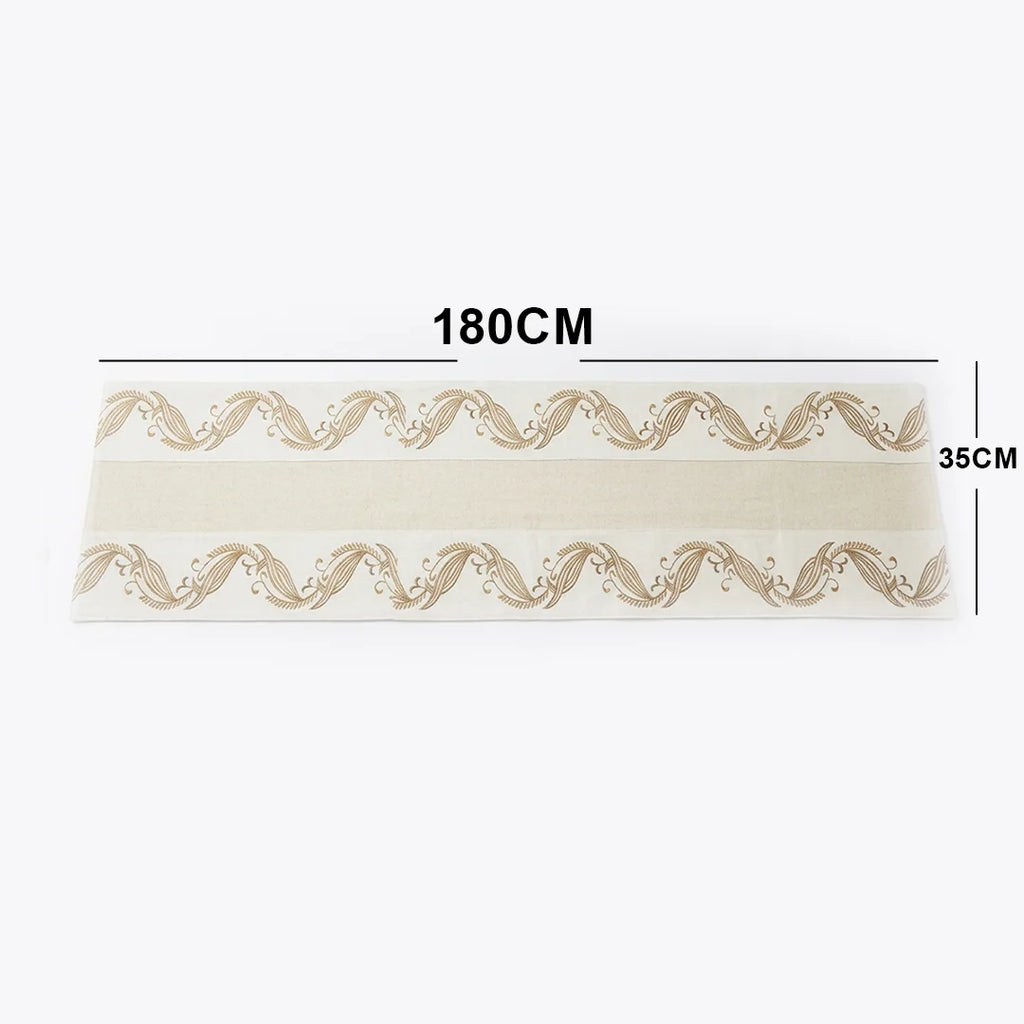 TR RUN 004A Artisanal Gold Botanical Embroidered Table Runner – 150 × 35 cm