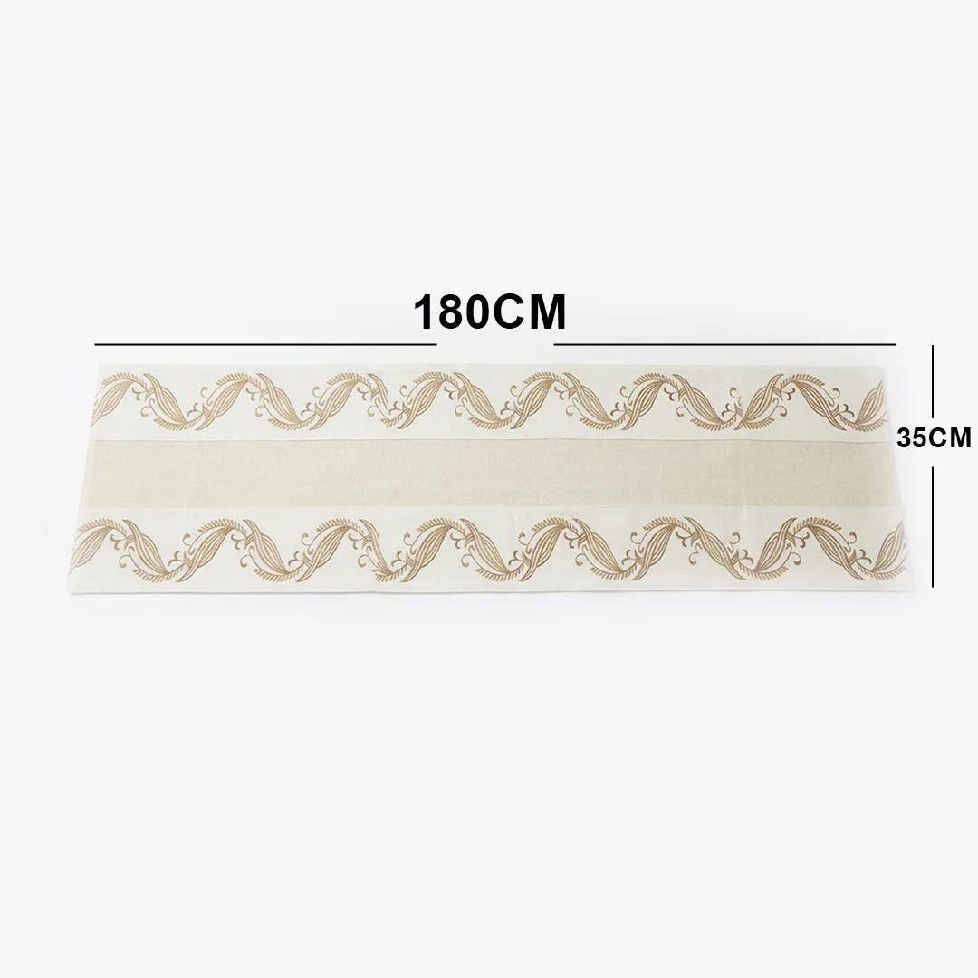 TR RUN 004A Artisanal Gold Botanical Embroidered Table Runner – 150 × 35 cm