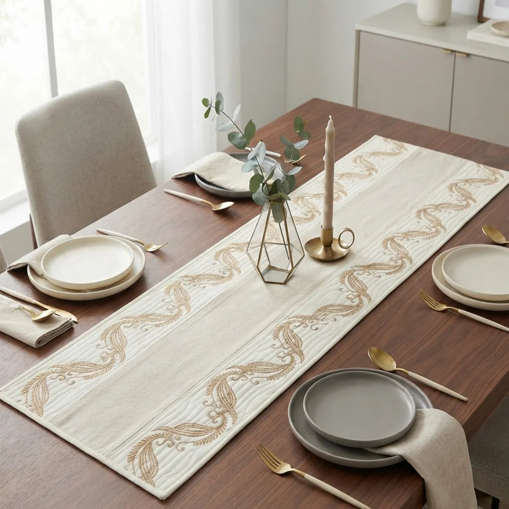 TR RUN 004A Artisanal Gold Botanical Embroidered Table Runner – 150 × 35 cm
