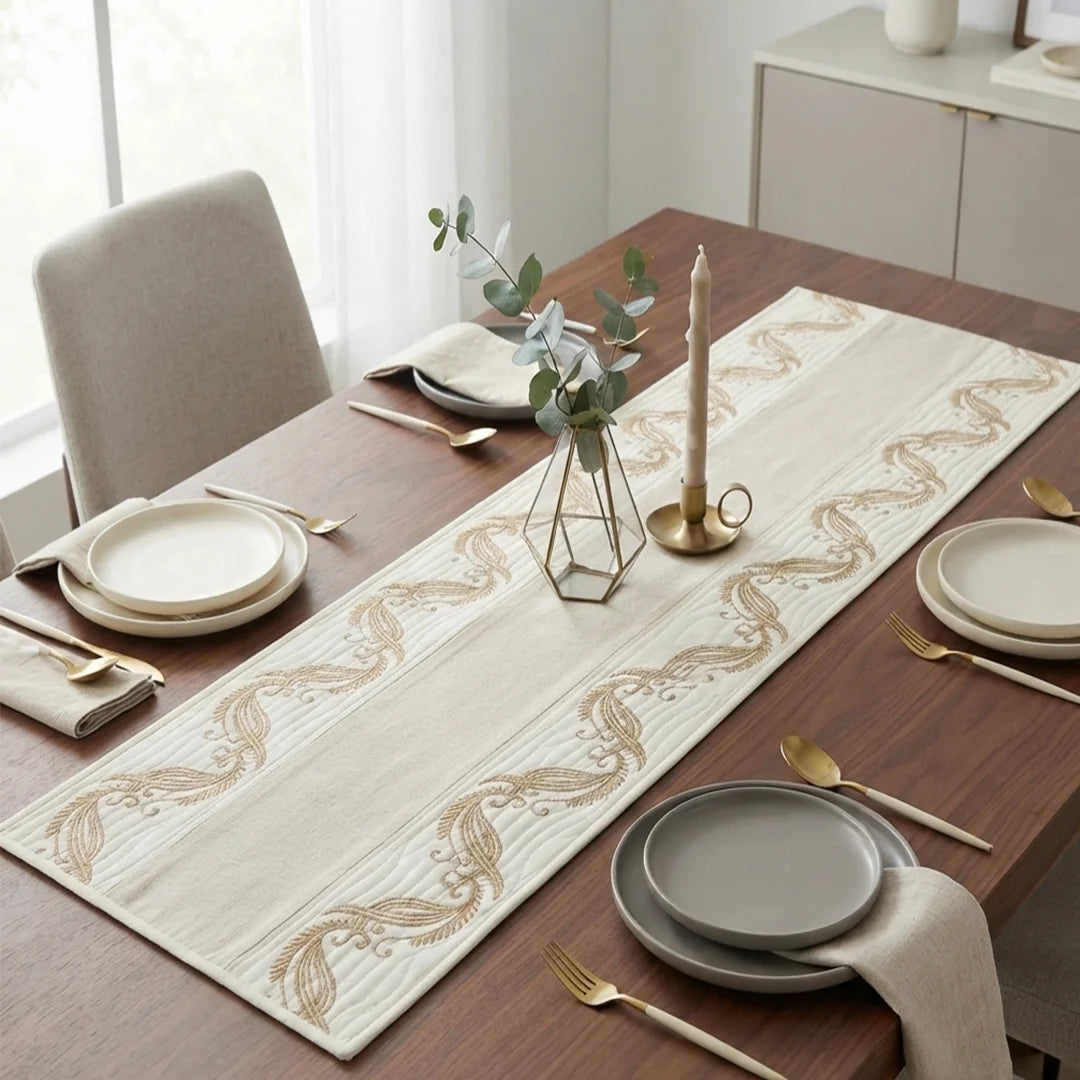 TR RUN 004A Artisanal Gold Botanical Embroidered Table Runner – 150 × 35 cm