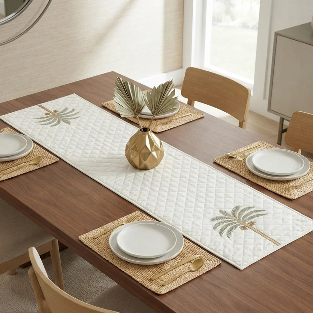 TR RUN 009B -Quilted Palm Tree Embroidered Table Runner – 177 × 33 cm