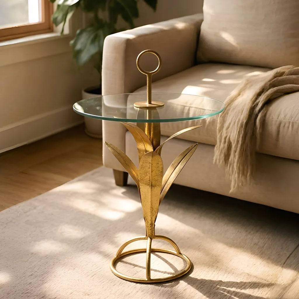 JS416-31 Gold Glass Top Side Table 40cm Metal Decorative Accent Table