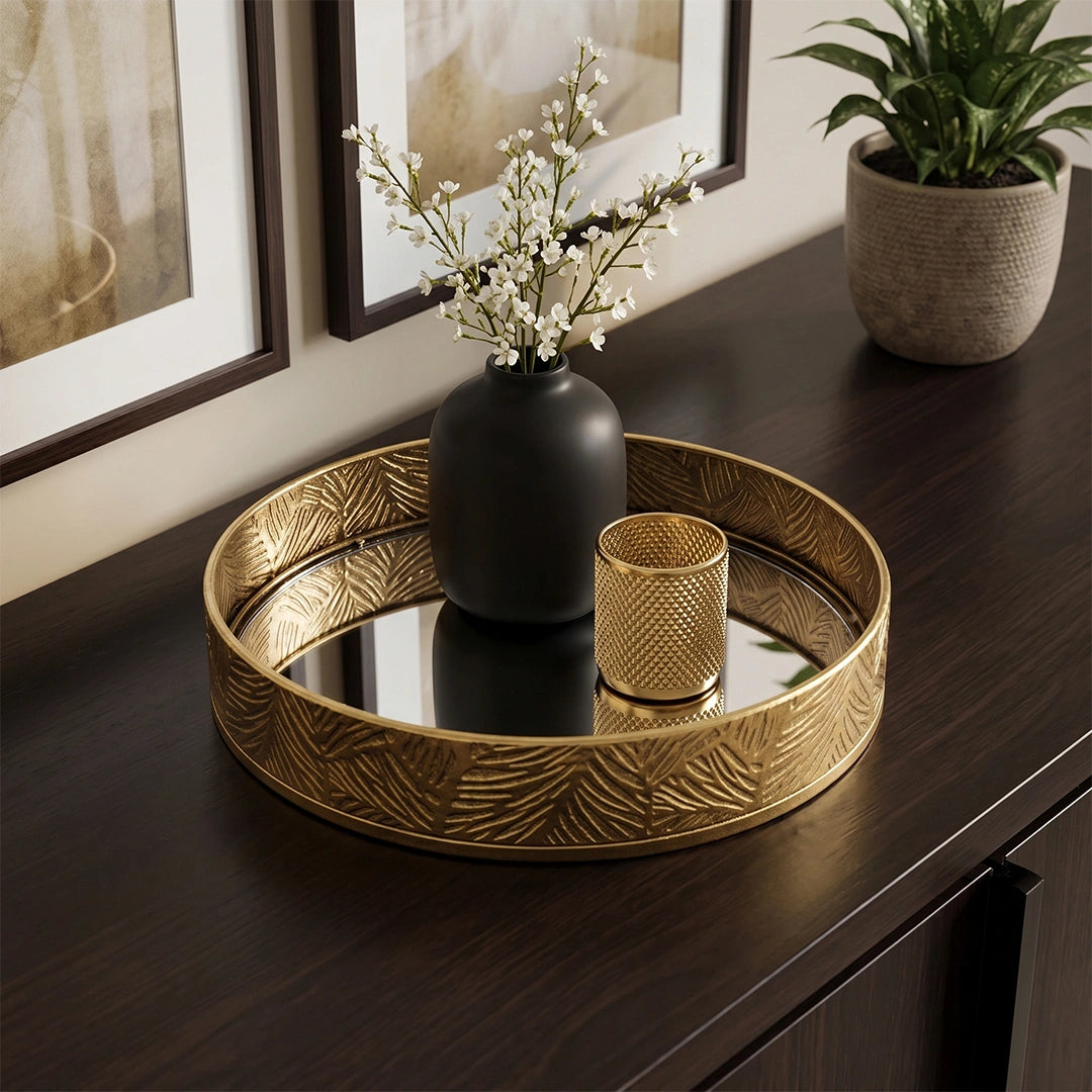 A419-8  Round Gold Metal Mirrored Tray (Small / Medium)
