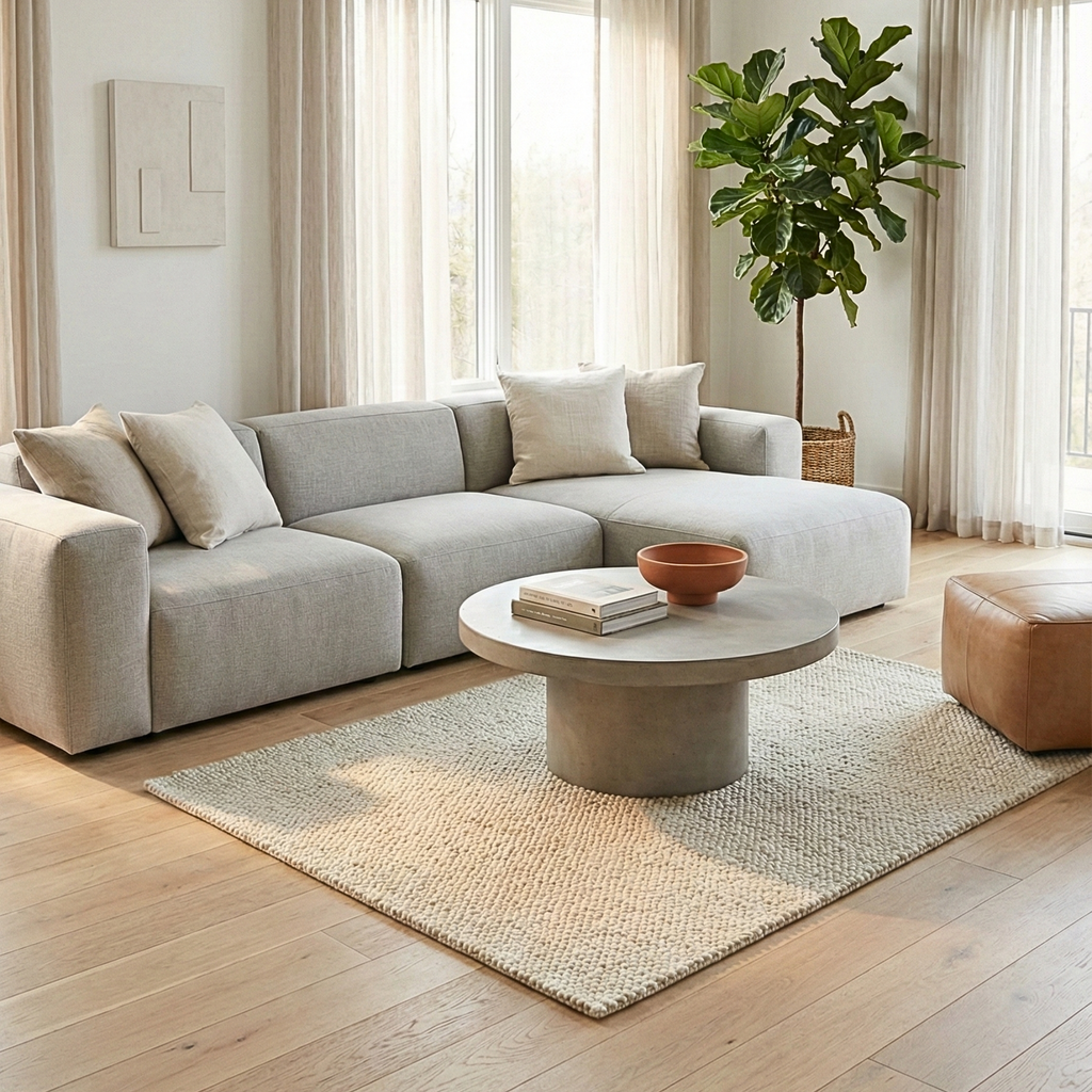 Modern living room with a gray sectional sofa, round wooden coffee table, and a plant.