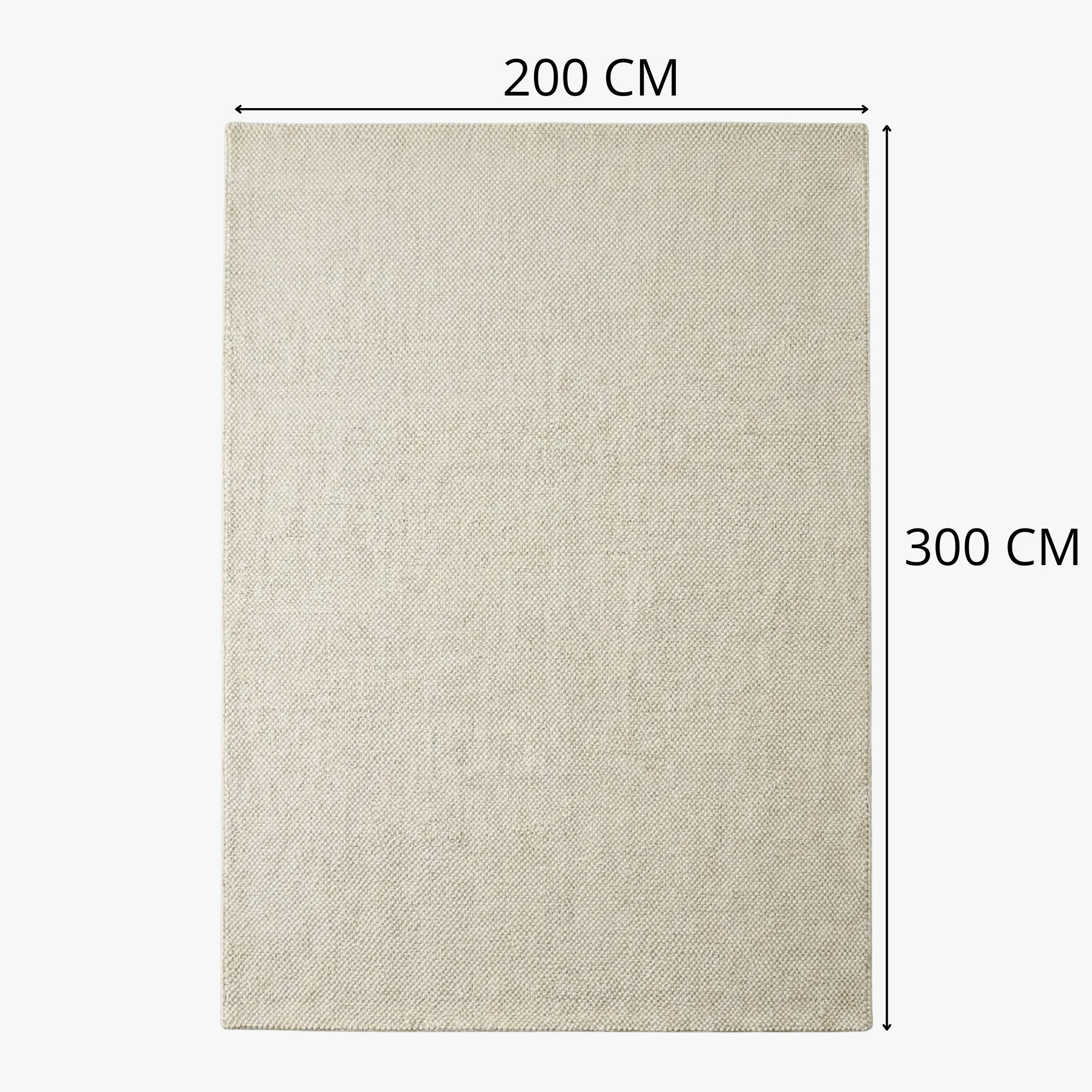 Beige rug with dimensions 200 cm x 300 cm on a white background