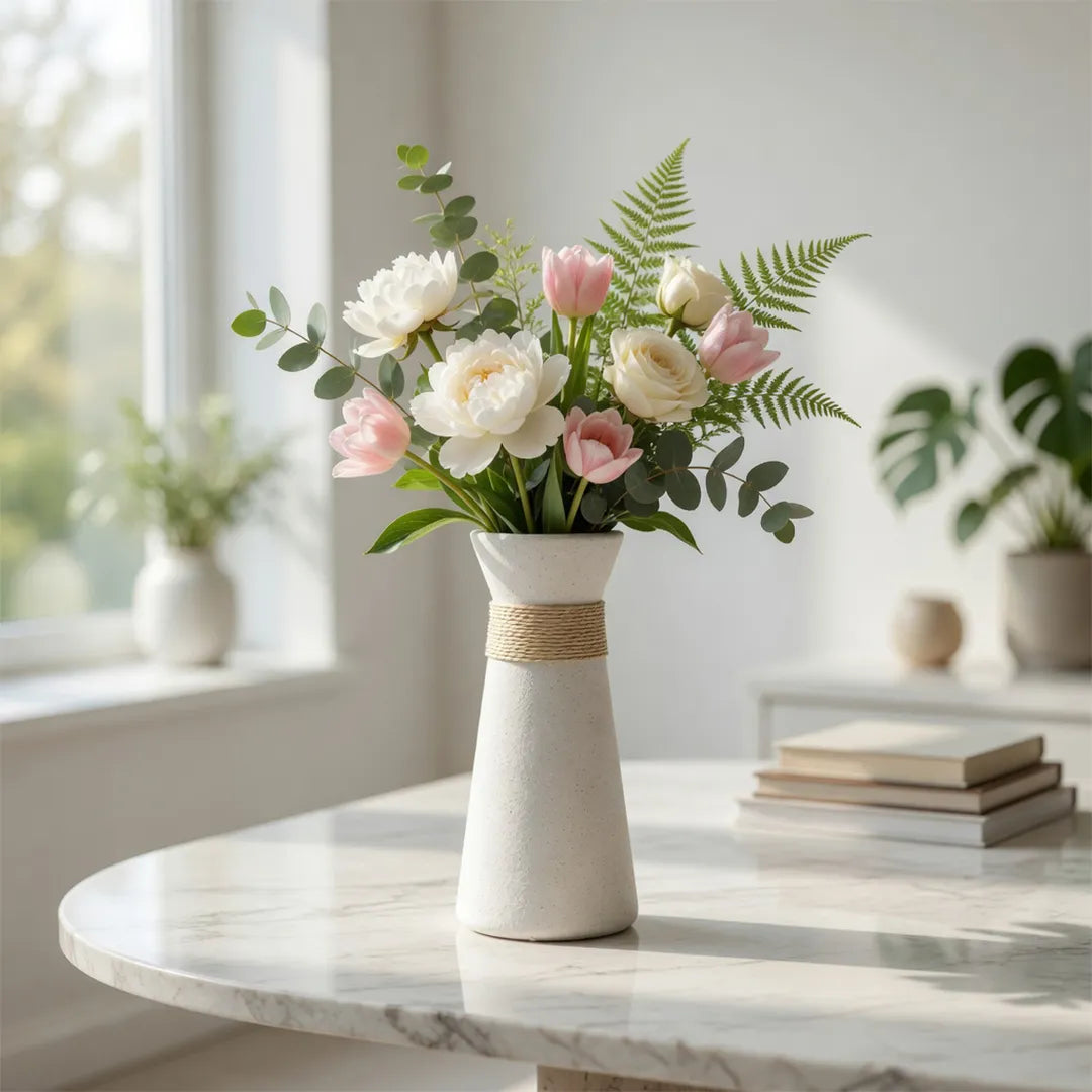 20251025 Tall Ceramic Vase with Rope Detail Beige 28 cm