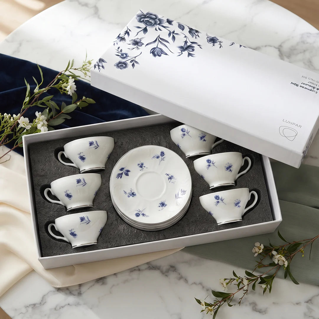 AB-016 Blue Azure Porcelain Coffee Cup & Saucer Set of 12 with Blue Rim – 90 ml