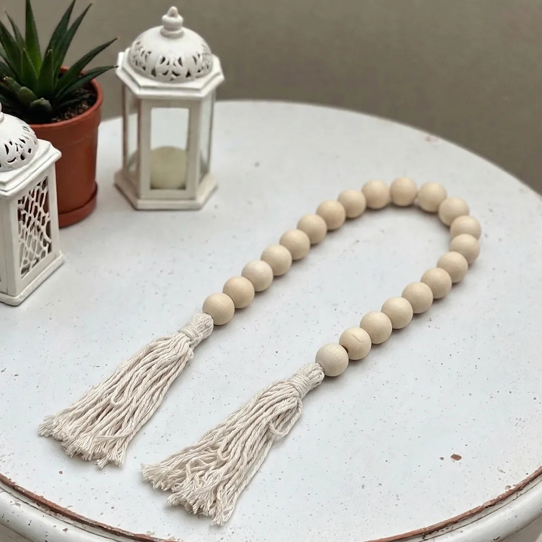 94842-01 Luhpar Wooden Tasbih Bead Decor with Tassel Natural Finish