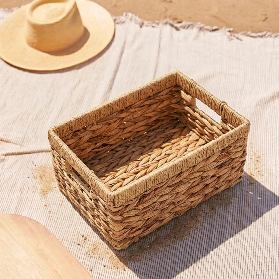 26330-16 Natural Rectangular Water Hyacinth Storage Basket with Integrated Handles – Small, Medium & Large
