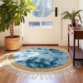 25241-84 Luhpar Round Rattan & Plush Accent Mat Blue with Fringe 60 cm