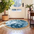 25241-84 Luhpar Round Rattan & Plush Accent Mat Blue with Fringe 60 cm