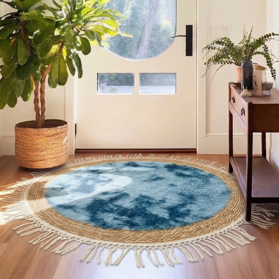 25241-84 Luhpar Round Rattan & Plush Accent Mat Blue with Fringe 60 cm