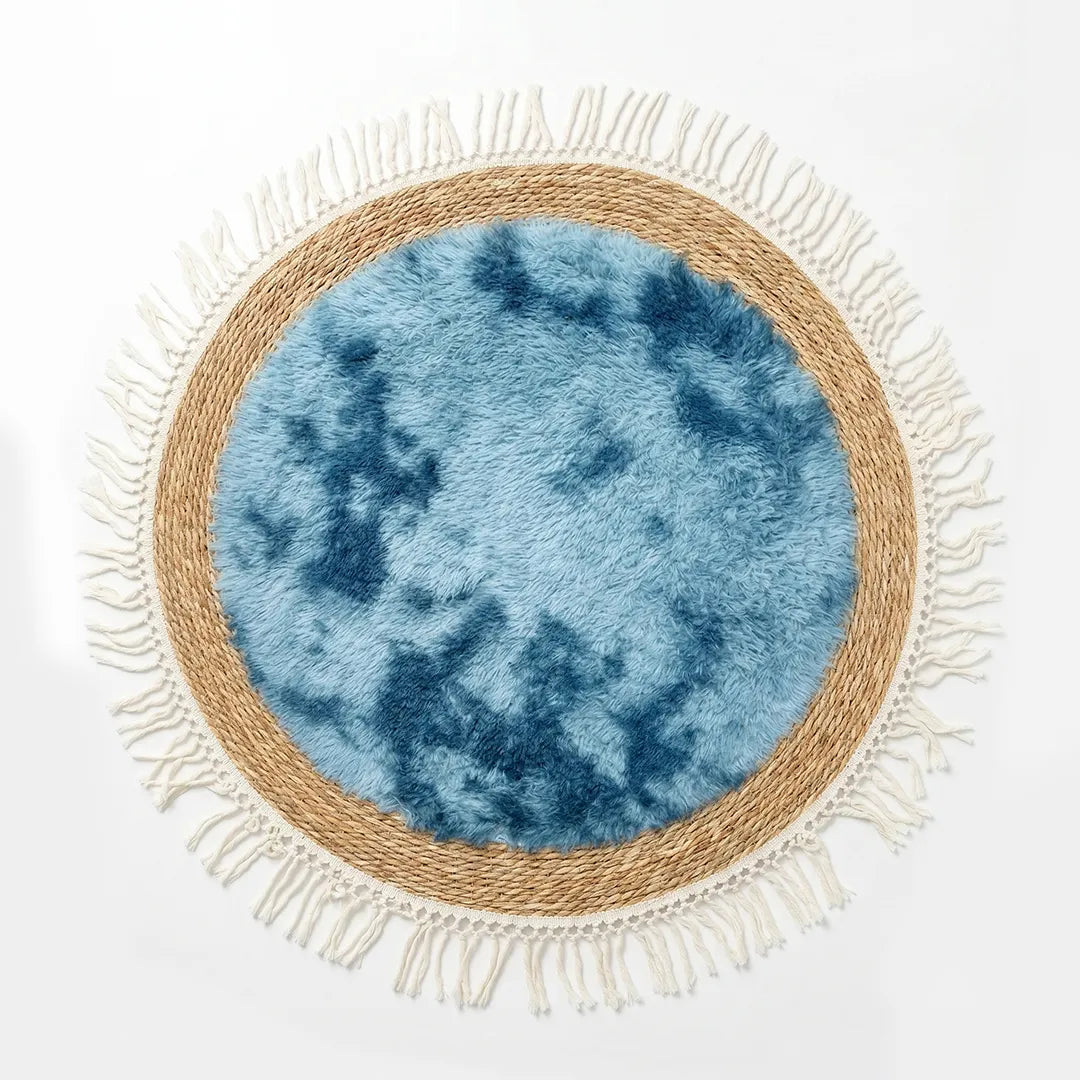 25241-84 Luhpar Round Rattan & Plush Accent Mat Blue with Fringe 60 cm