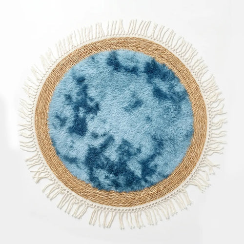25241-84 Luhpar Round Rattan & Plush Accent Mat Blue with Fringe 60 cm