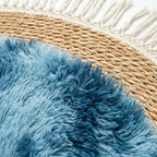 25241-84 Luhpar Round Rattan & Plush Accent Mat Blue with Fringe 60 cm