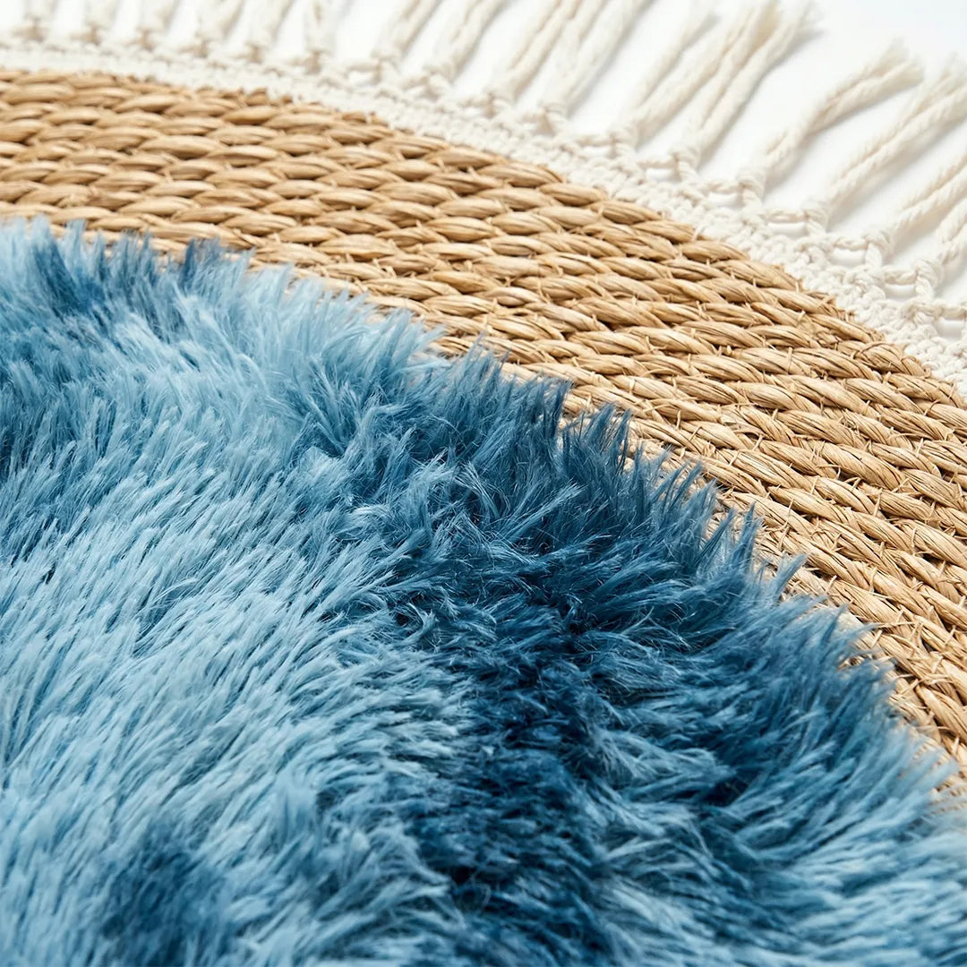 25241-84 Luhpar Round Rattan & Plush Accent Mat Blue with Fringe 60 cm