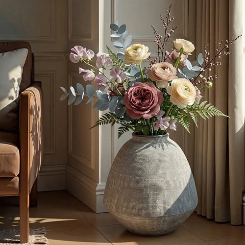 267-4 Textured Ceramic Vase Light Grey Finish 36 cm
