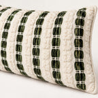 Close-up of ivory tufted texture and olive green woven stripes