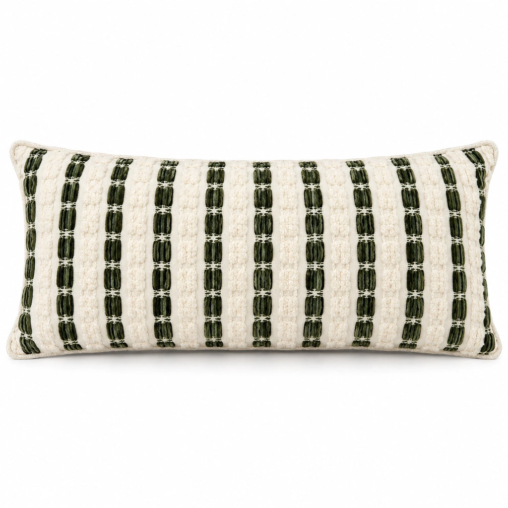 Ivory and olive textured striped lumbar cushion, 30 x 70 cm, front view