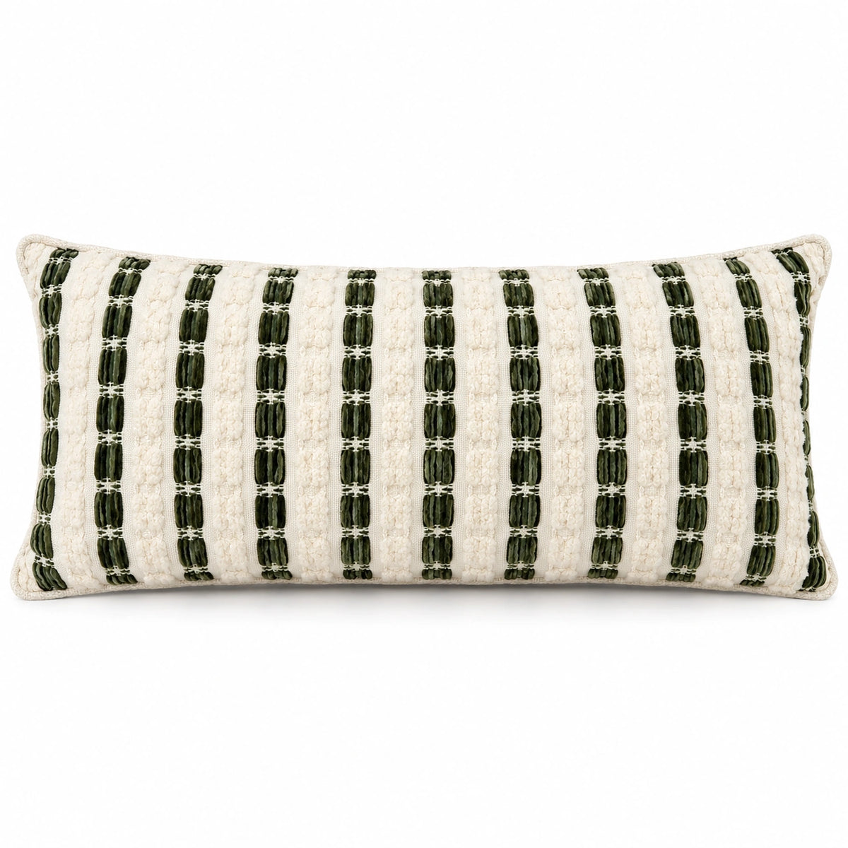 Ivory and olive textured striped lumbar cushion, 30 x 70 cm, front view