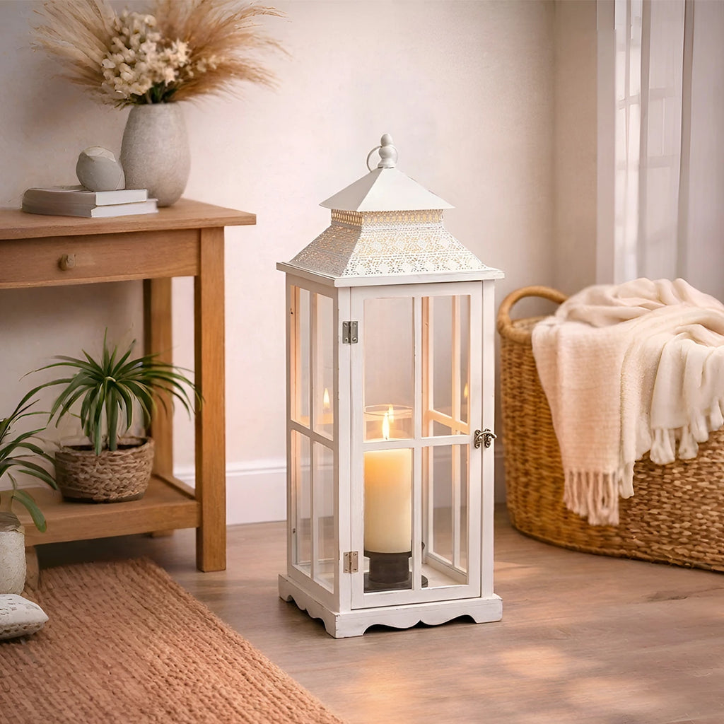 F3-24AW423 Luhpar White Lantern – Wood & Glass (52 x 24 x 24 cm)