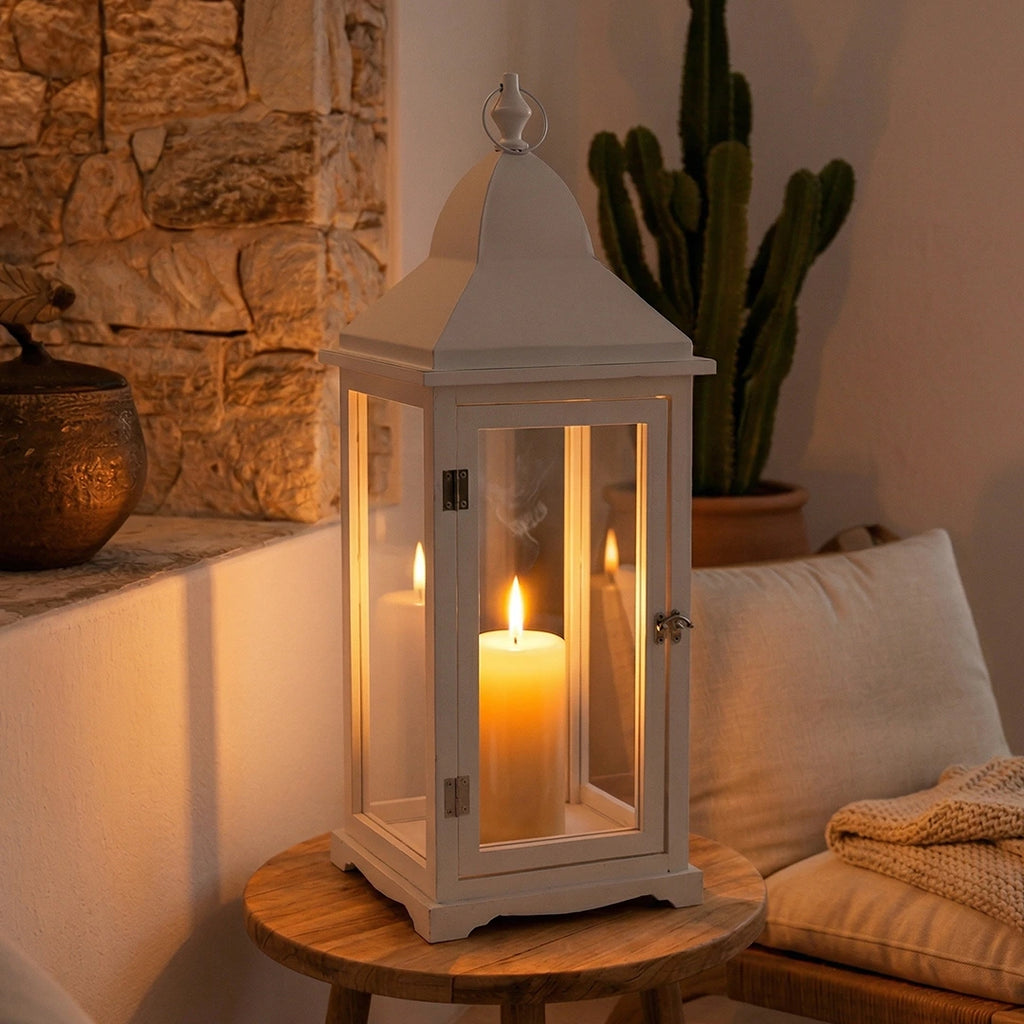 F3-25AW153 Luhpar White Lantern Wood & Glass  (50 × 20 × 20 cm)