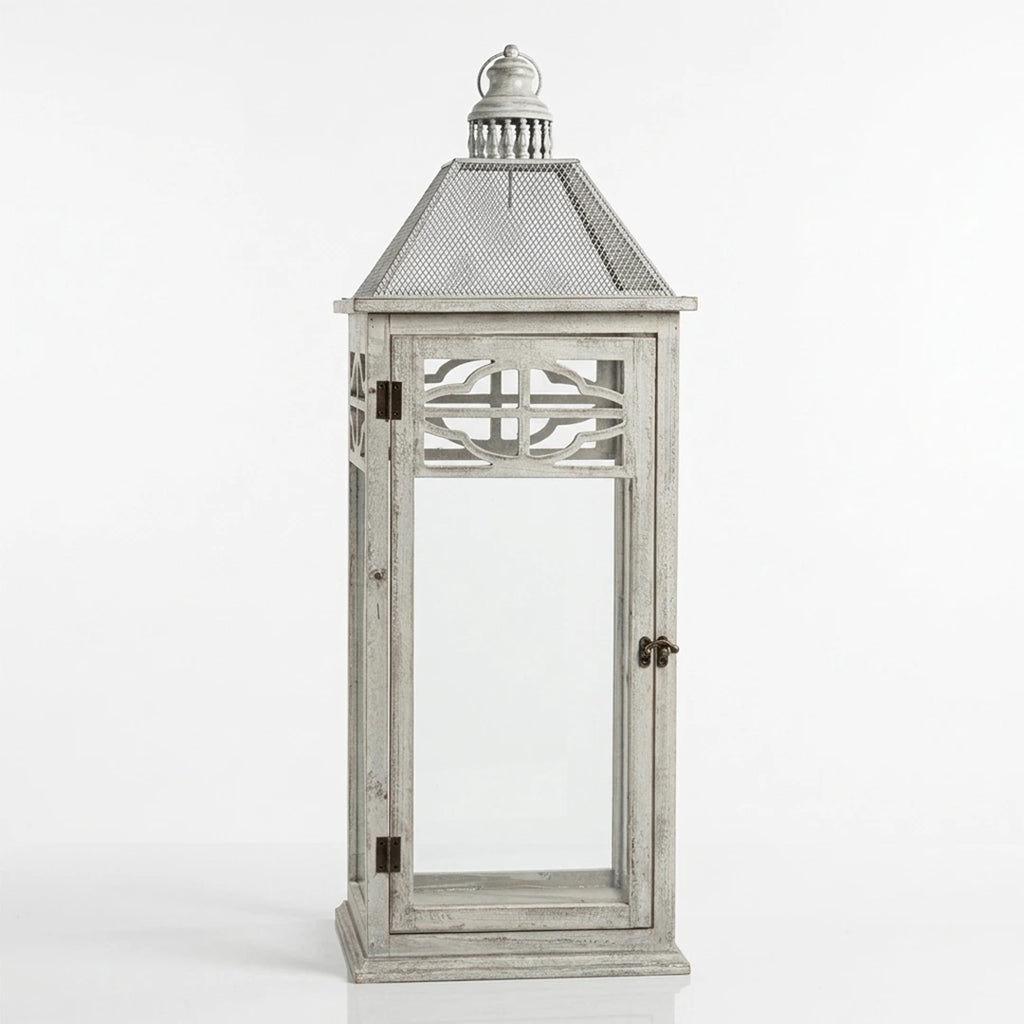 F3-25AW199 Luhpar White Lantern Wood & Glass (60 × 22 × 22 cm)