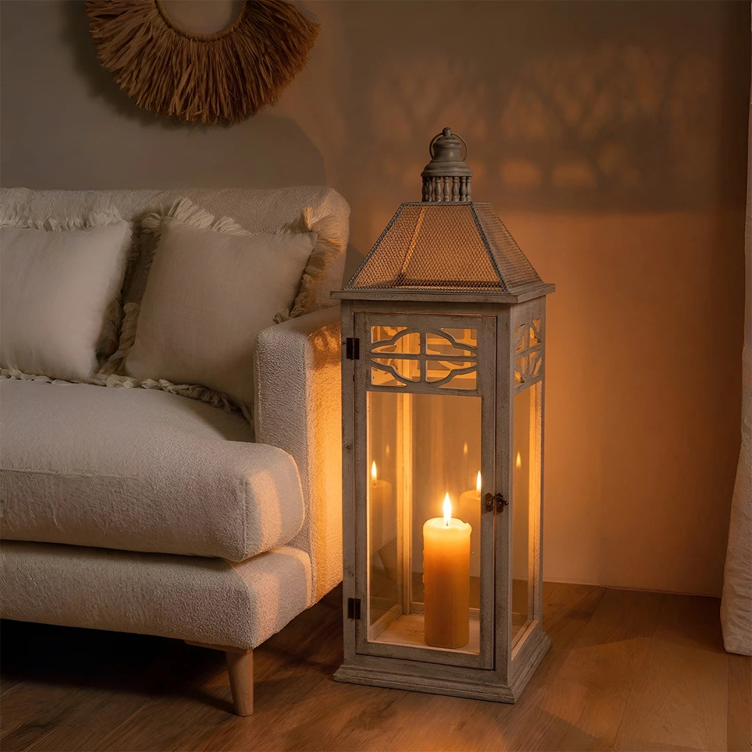 F3-25AW199 Luhpar White Lantern Wood & Glass (60 × 22 × 22 cm)