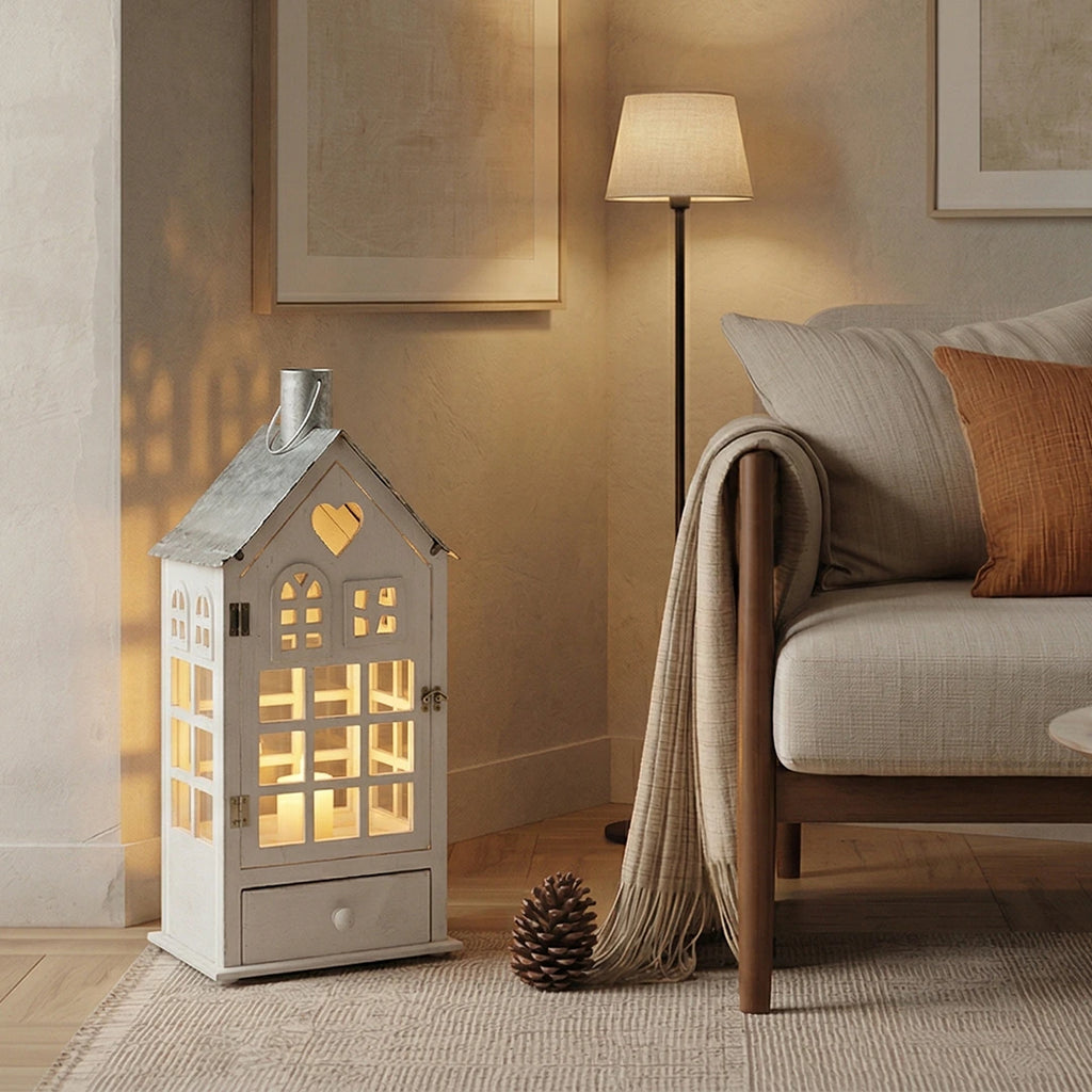 F3-25AW201 Luhpar White House Lantern Wood & Glass (45 × 20 × 12 cm)